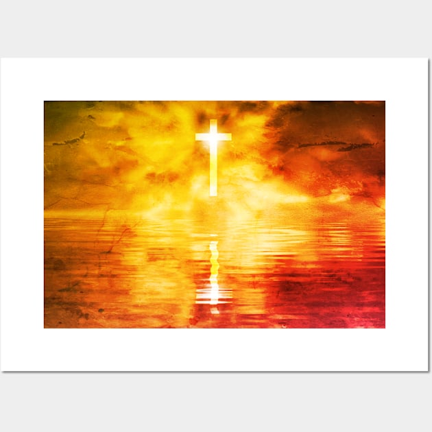 Cross With Sunset Illustration Wall Art by ChristianShirtsStudios